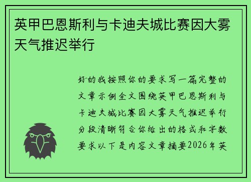 英甲巴恩斯利与卡迪夫城比赛因大雾天气推迟举行