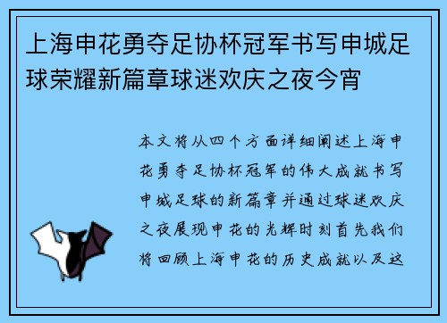 上海申花勇夺足协杯冠军书写申城足球荣耀新篇章球迷欢庆之夜今宵